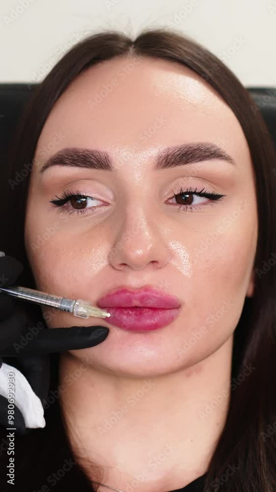 Vertical video. Close-up of sensual female lips with a syringe administering injections. The scene highlights a lip augmentation procedure, focusing on precision Vertical video. Close-up of sensual female lips with a syringe administering injections. The scene highlights a lip augmentation procedure, focusing on precision