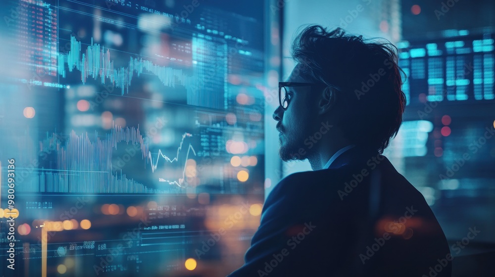 A professional analyzing data on screens in a modern office environment. A professional analyzing data on screens in a modern office environment.