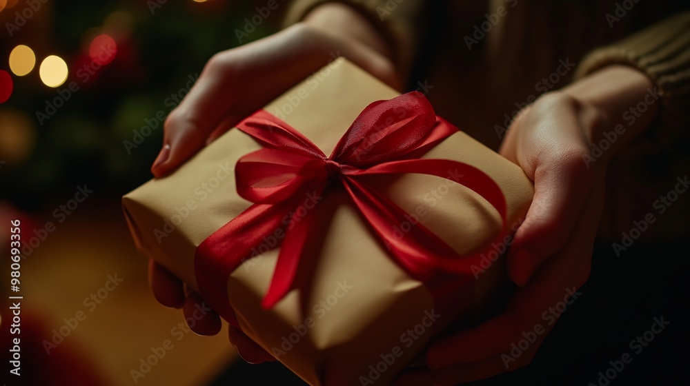 Woman Holding Christmas Gift with Red Bow Woman Holding Christmas Gift with Red Bow