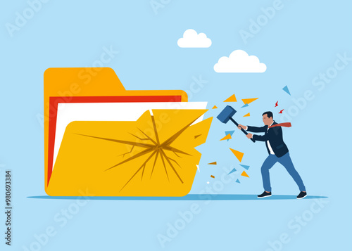 Businessman crack or breaking the folder with hammer to see documents outside. Frustrated online data user. Dealing with error. Flat vector illustration
