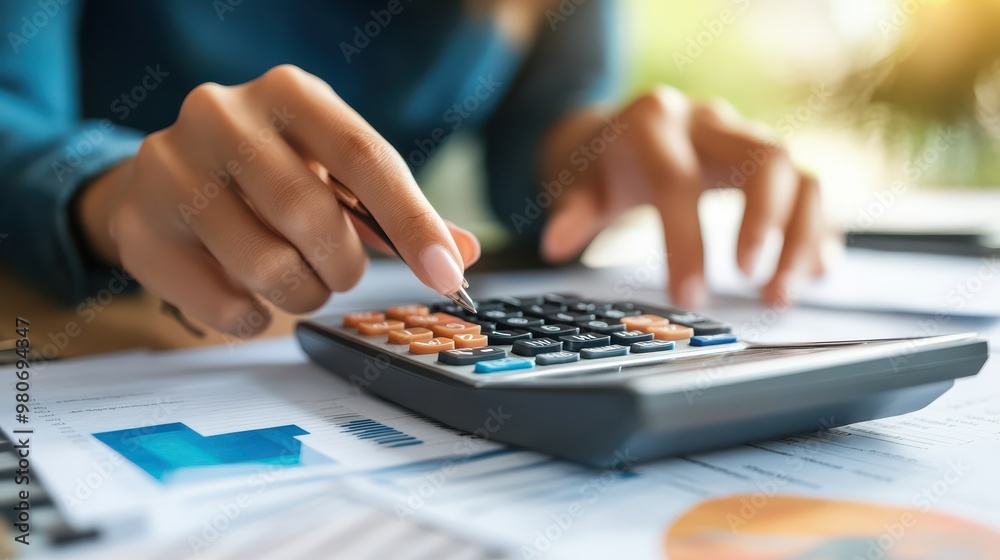 Detailed Close-up of a Woman's Hand Skillfully Using a Calculator for Administrative Tasks and Financial Calculations Detailed Close-up of a Woman's Hand Skillfully Using a Calculator for Administrative Tasks and Financial Calculations