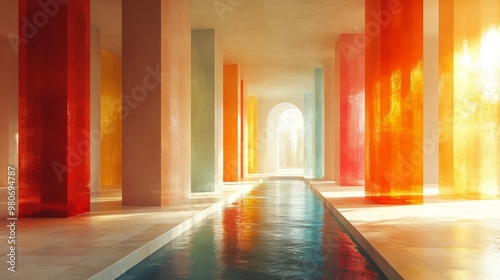 Luminous interior with colorful, translucent columns and a narrow waterway running through a spacious, arched hall