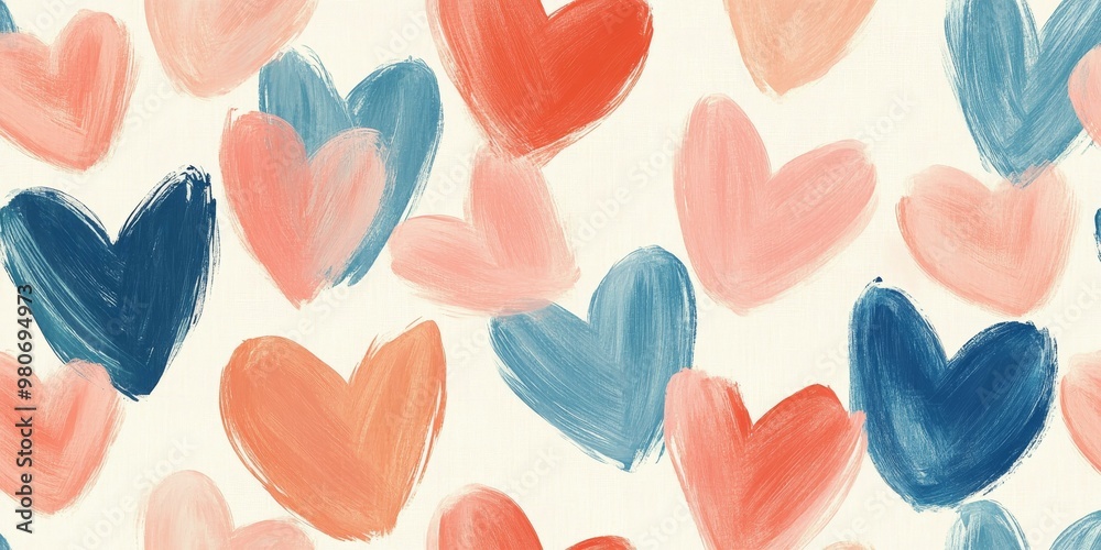 Abstract painting of hearts in pink, orange, and blue. Abstract painting of hearts in pink, orange, and blue.