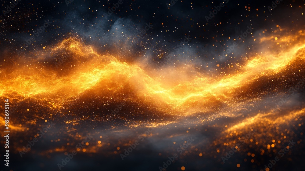 Fototapeta premium Showcases a mesmerizing cosmic scene with glowing orange and yellow nebulae against a dark, star-speckled background