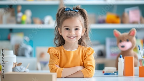 Little girl in a vibrant newsroom