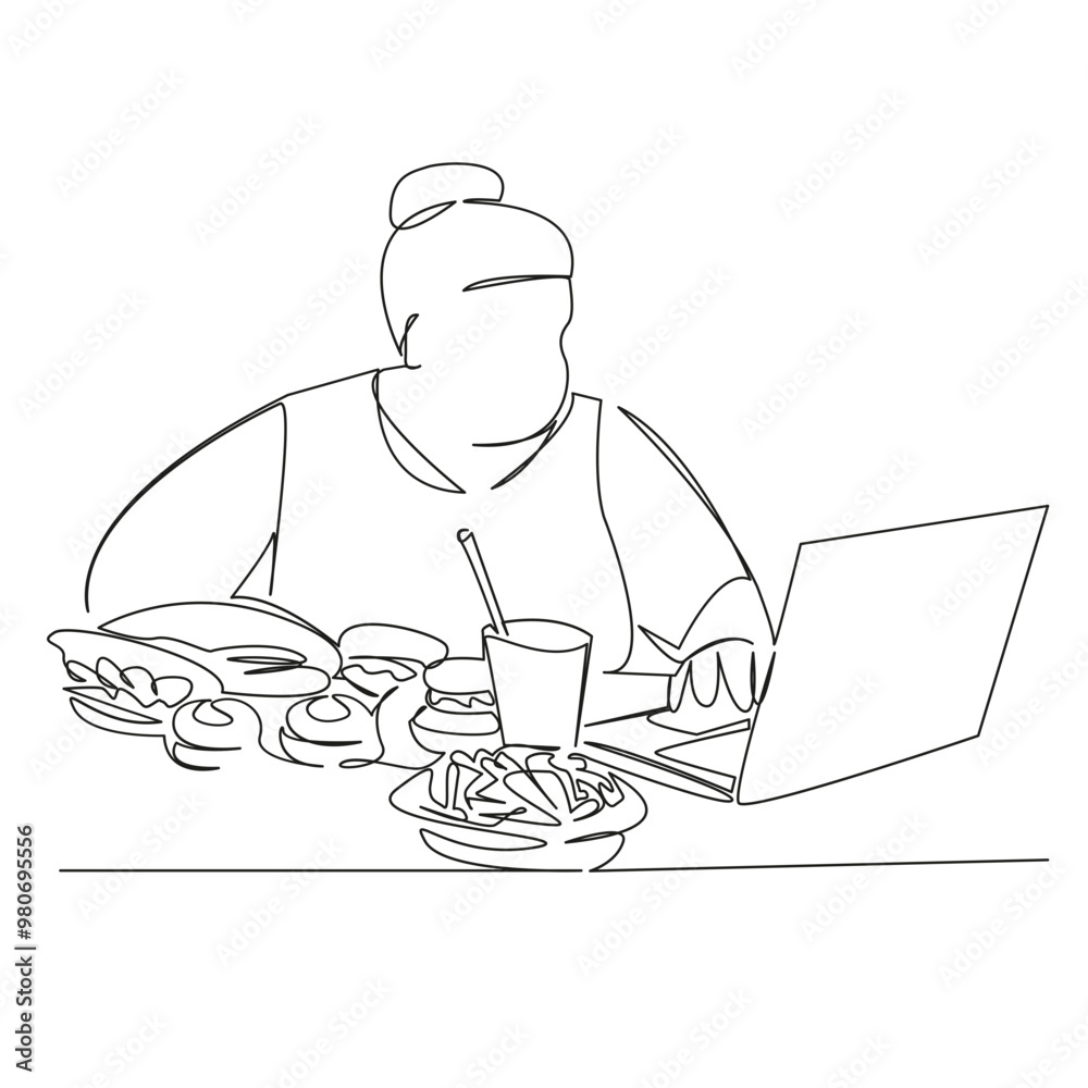 One continuous single drawing line art flat doodle fat woman sitting at laptop surrounded by large amount of food, gluttony, calories. Isolated image hand draw contour on a white background One continuous single drawing line art flat doodle fat woman sitting at laptop surrounded by large amount of food, gluttony, calories. Isolated image hand draw contour on a white background