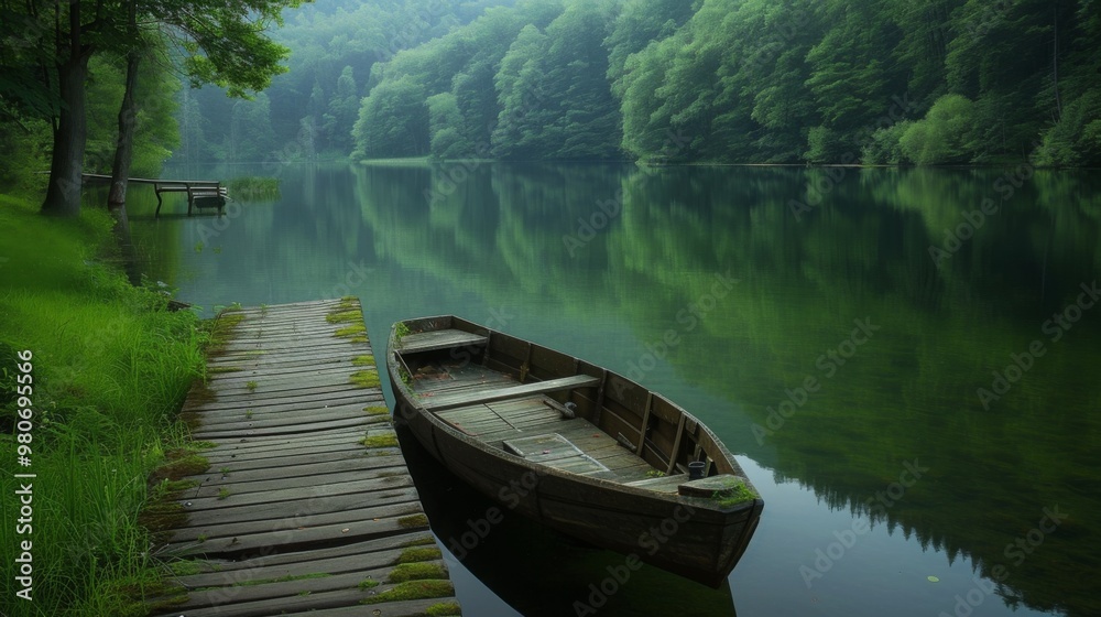 Serene Lake with Wooden Boat and Lush Forest Serene Lake with Wooden Boat and Lush Forest