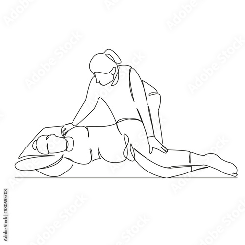 One continuous single drawing line art flat doodle exercises, horizontal, osteopath, women, doctor, instructor, pregnant, adult. Isolated image hand draw contour on a white background
