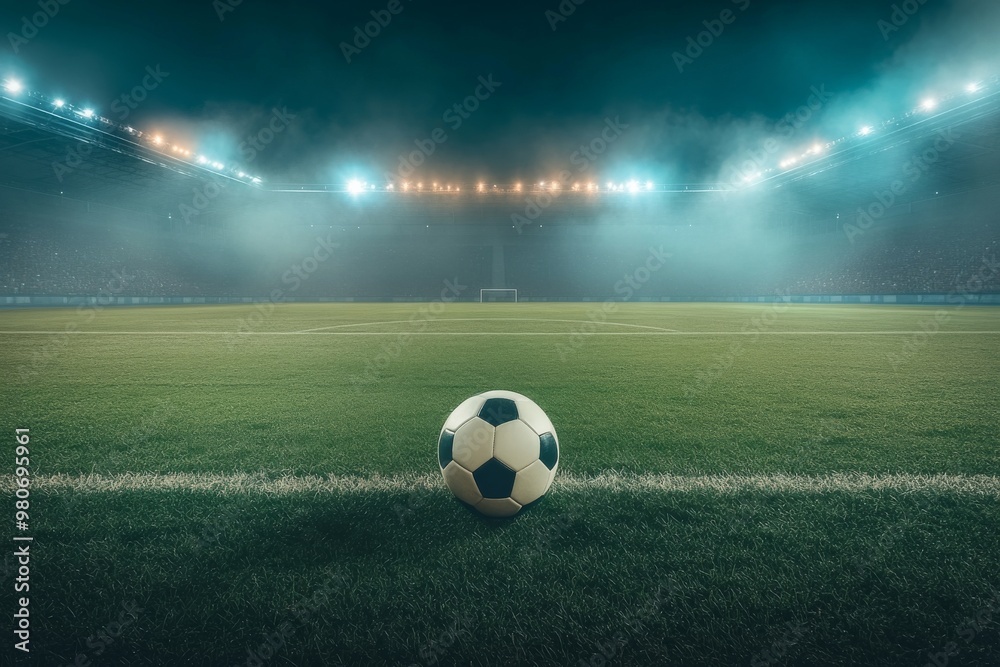 Fototapeta premium Soccer ball on the field of a stadium with lights, a background