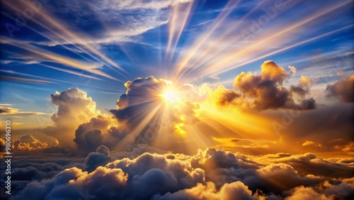 Rays of sunlight burst forth from behind thick clouds in a celestial display, illuminating the sky with vibrant