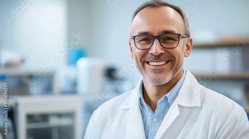 Confident Mature Male Scientist in a Lab Coat Smiling with Professionalism and Expertise in a Modern Laboratory Environment