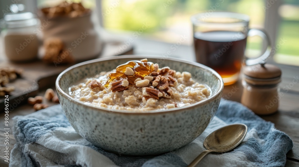 cozy breakfast scene, a cozy breakfast scene with a bowl of oatmeal, nuts, and honey next to a cup of fresh coffee on a rustic table in a bright kitchen