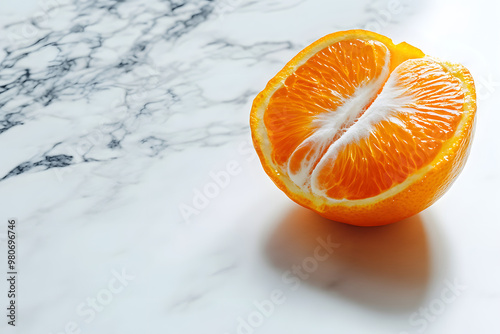 A juicy orange, sliced in half, displays its vibrant color and fresh texture against a clean white background photo