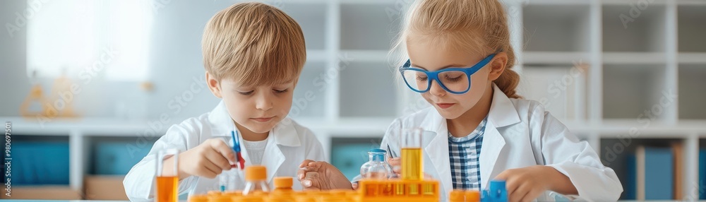 Kids playing as inventors in a whimsical lab Kids playing as inventors in a whimsical lab