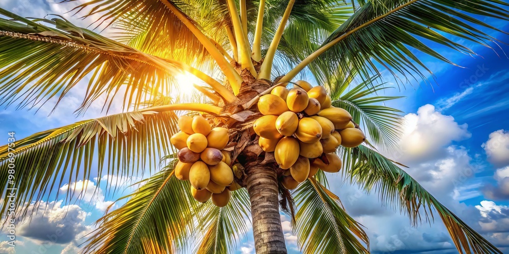 Ripe coconuts on a palm tree's branches, their brown husks glistening ...