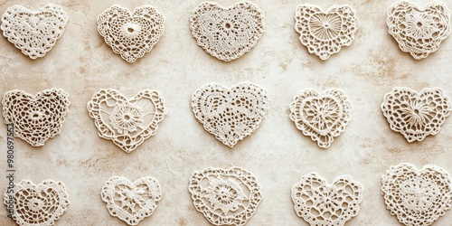 White crocheted heart doilies on tan background.
