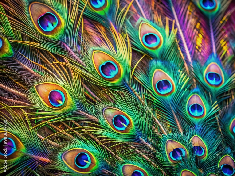 Fototapeta premium Close-up of vibrant and colorful iridescent peacock feathers