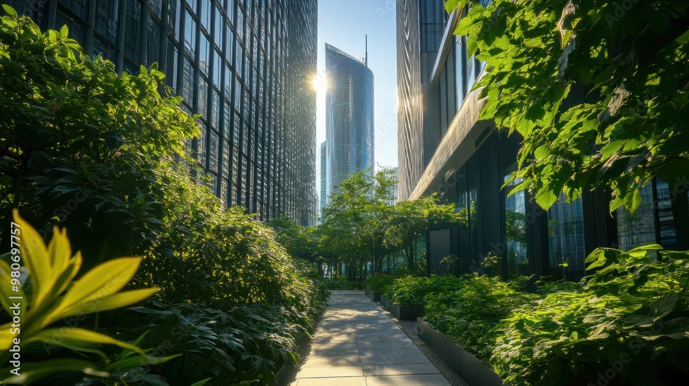 A serene walkway surrounded by lush greenery and modern skyscrapers in an urban setting. A serene walkway surrounded by lush greenery and modern skyscrapers in an urban setting.