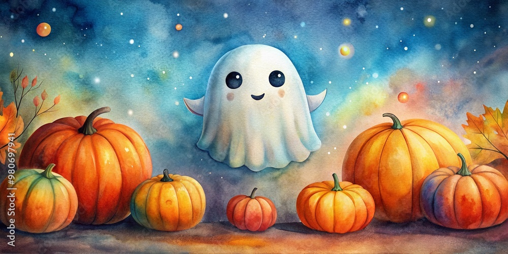 Whimsical watercolor illustration of a small, friendly ghost hovering above a pair of colorful orange pumpkins on a spooky Halloween night backdrop.