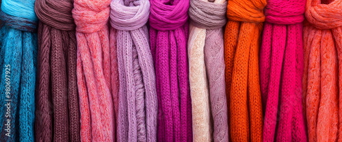 Colorful Knitted Scarves Display. Fashion and Textile Design Inspiration photo