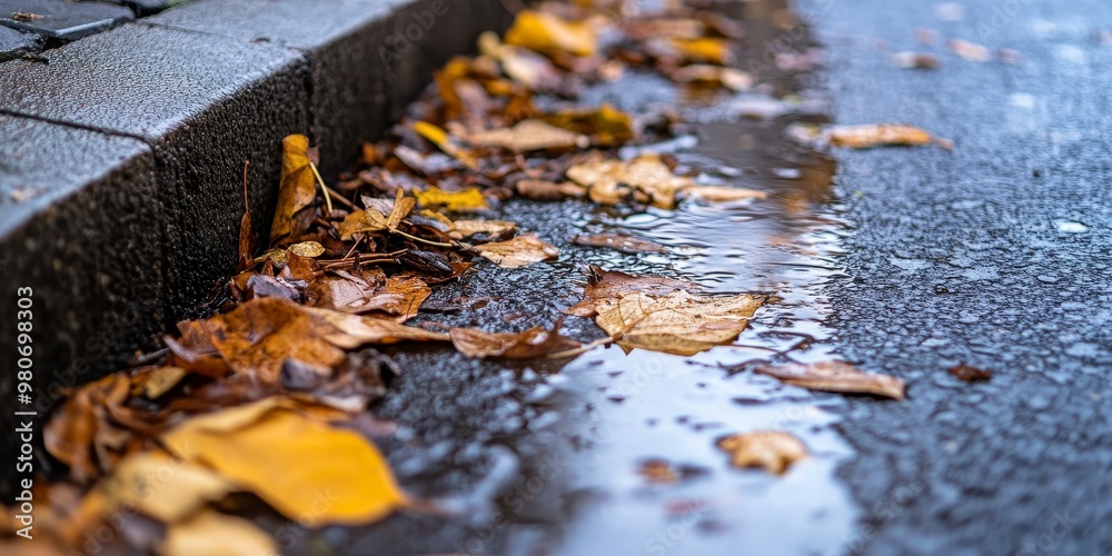 Autumn leaves float in a puddle on wet pavement. Autumn leaves float in a puddle on wet pavement.