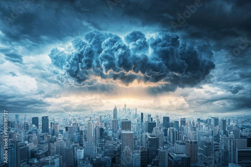 Dramatic skyline view with dark storm clouds looming over a city, creating a moody and ominous atmosphere.