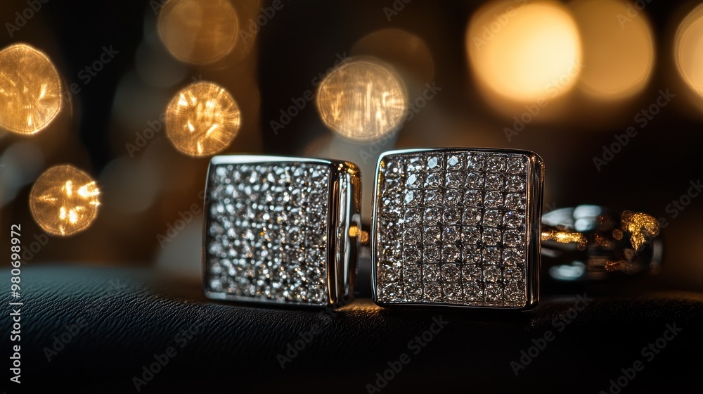 A close-up of elegant cufflinks against a blurred, warm bokeh background. A close-up of elegant cufflinks against a blurred, warm bokeh background.