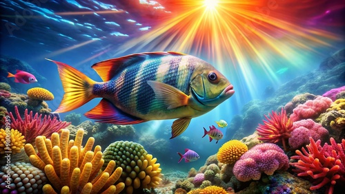 Vibrant marine fish with human-like facial features swims in front of colorful coral reef, its scales shimmering in the sunlight filtering through the clear water. photo