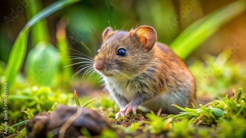 Small, brown rodents with short tails, frequently observed in grasslands, fields, and meadows, where they forage for photo