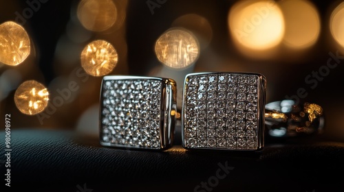 A close-up of elegant cufflinks against a blurred, warm bokeh background.