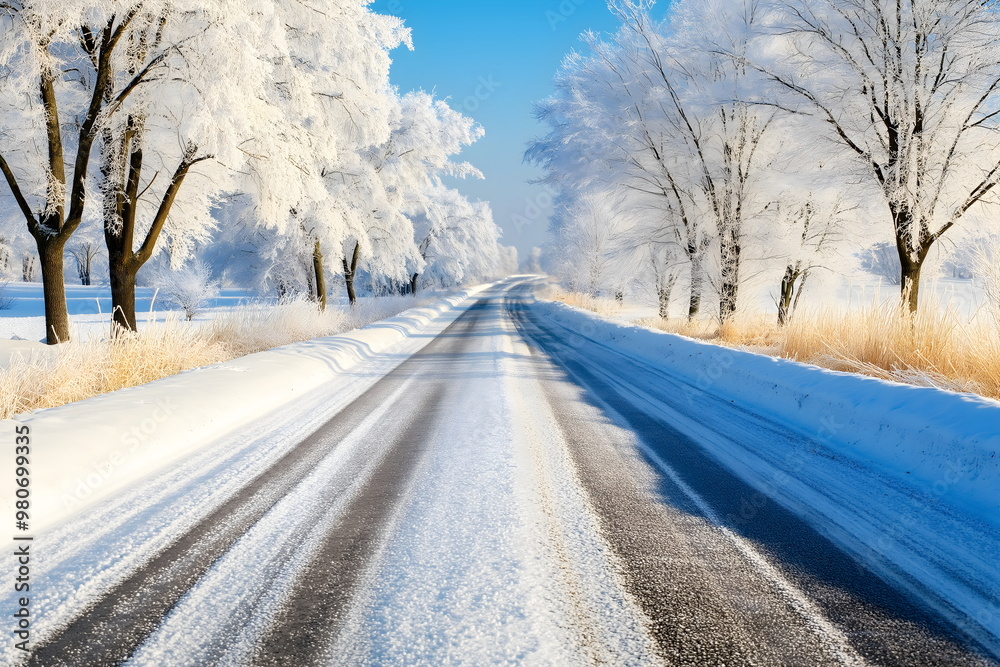 Snowy country road with frost-covered trees Snowy country road with frost-covered trees