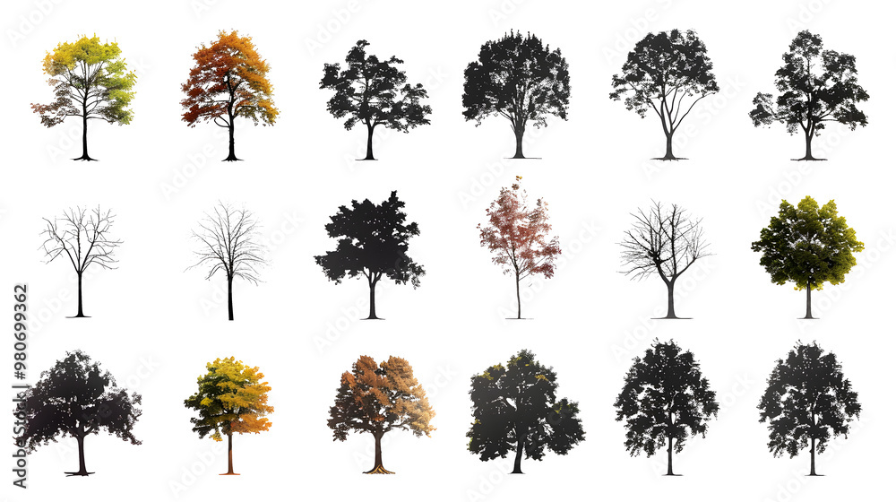 Fototapeta premium various deciduous trees silhouettes on the white background