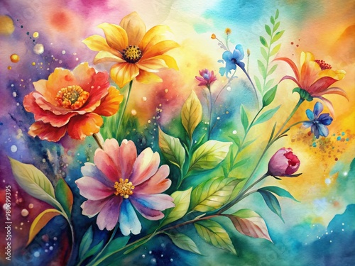 Vibrant watercolor ink painting of blooming spring flowers and leaves in bright colors, set against an abstract, dreamy background with blurred shapes and soft hues.