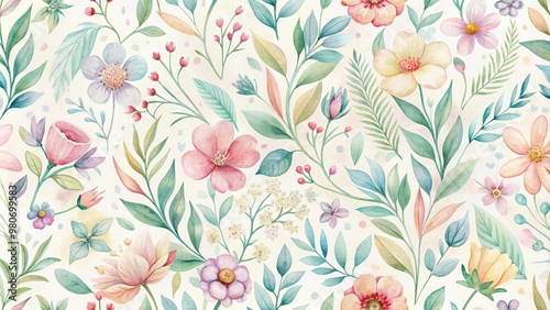 Delicate watercolor flowers and leaves in soft pastel hues create a whimsical and elegant seamless pattern perfect for fresh springtime background designs.
