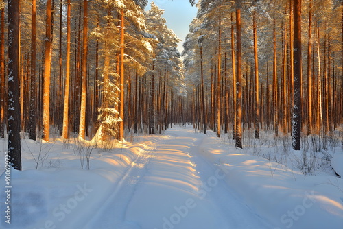 Golden winter forest, snowy pine trees, magical atmosphere