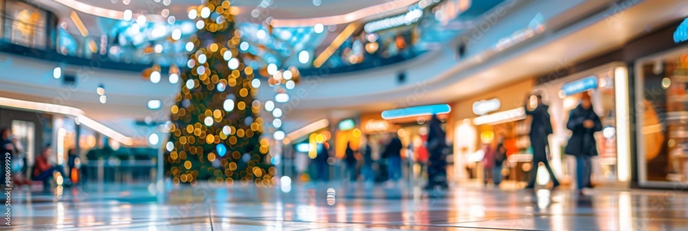 Obraz premium The festive shopping mall is beautifully decorated with ornaments and a grand Christmas tree, setting a cheerful atmosphere ideal for holiday shopping in a lively and vibrant setting