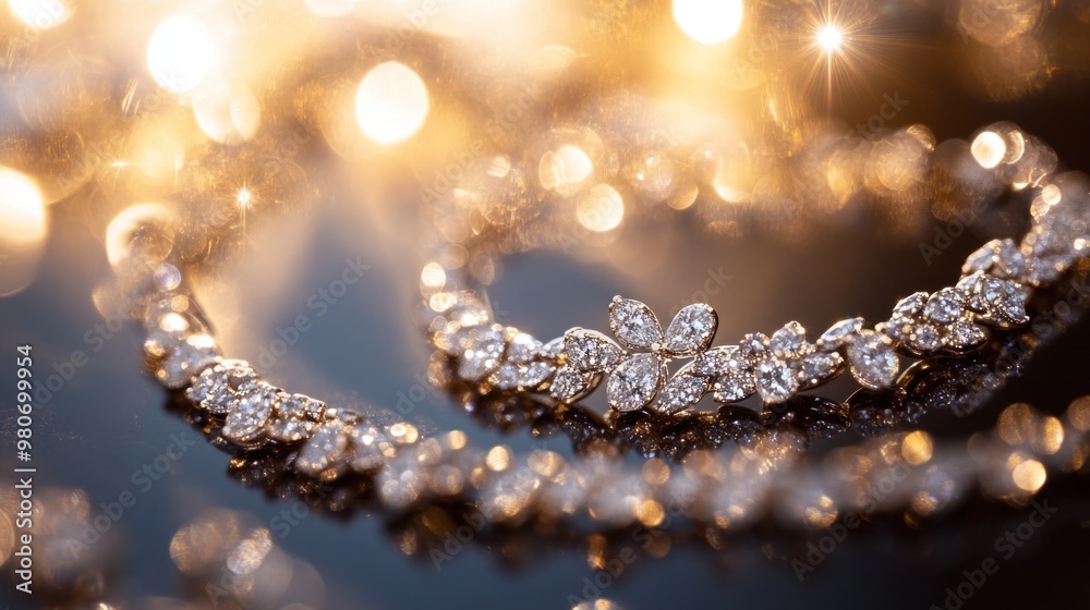 A close-up of elegant jewelry, sparkling with lights in a blurred background.