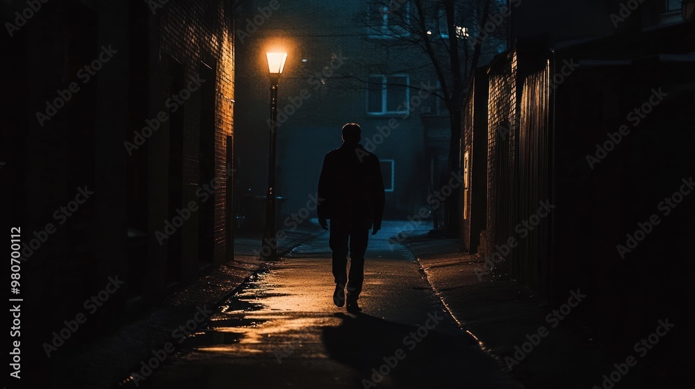 A solitary figure walks down a dimly lit alley, illuminated by a streetlamp in the night. A solitary figure walks down a dimly lit alley, illuminated by a streetlamp in the night.