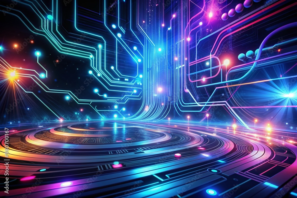 Futuristic 3D abstract background with glowing circuits, swirling data streams, and neon lights, conveying advanced tech search concept, with ample copy space for text overlay. Futuristic 3D abstract background with glowing circuits, swirling data streams, and neon lights, conveying advanced tech search concept, with ample copy space for text overlay.