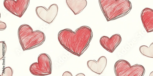 Hand-drawn red hearts on white background.