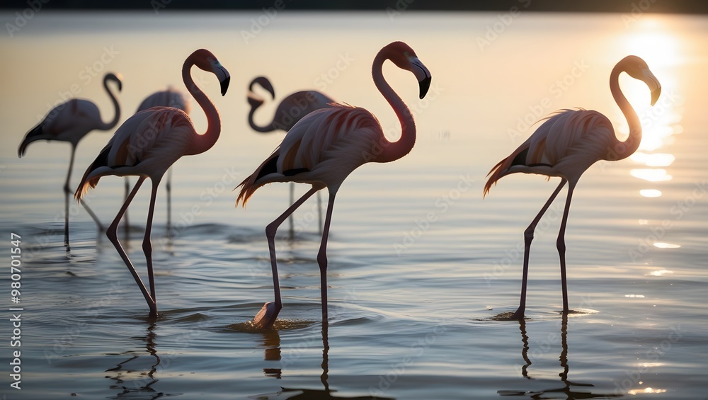 Obraz premium A flock of flamingos are fishing in the river at sunset.