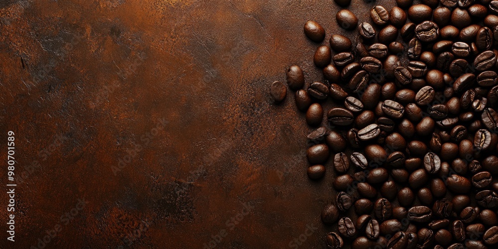 Dark roasted coffee beans spread across a textured brown background, coffee concept Dark roasted coffee beans spread across a textured brown background, coffee concept
