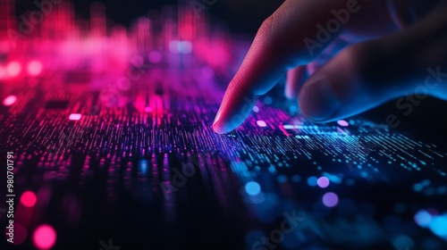 Finger touching colorful data display, abstract technology interface, digital information concept