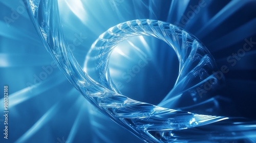 Abstract, futuristic blue DNA spiral glowing in dark, biological structure, genetics research concept
