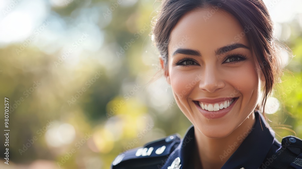 Confident Female Police Officer Smiling Outside, Perfect for Promoting Community Safety and Law Enforcement Initiatives Confident Female Police Officer Smiling Outside, Perfect for Promoting Community Safety and Law Enforcement Initiatives