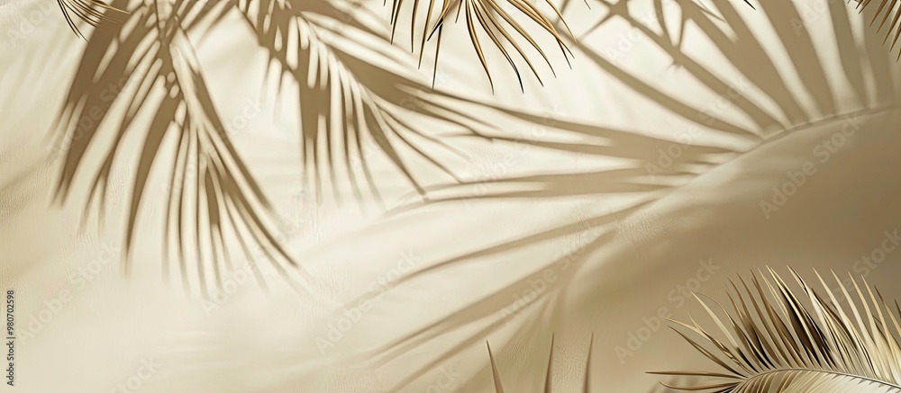 Fototapeta premium Beige background with palm leaves casting a shadow creating a minimalist tropical mood perfect as a copy space image