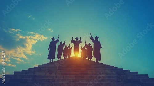 Silhouetted graduates celebrating on a staircase, raising their hands in triumph at sunrise, symbolizing achievement and a bright future.
