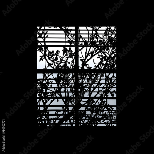 Silhouette of window and tree branches on black. Gobo mask for light source.