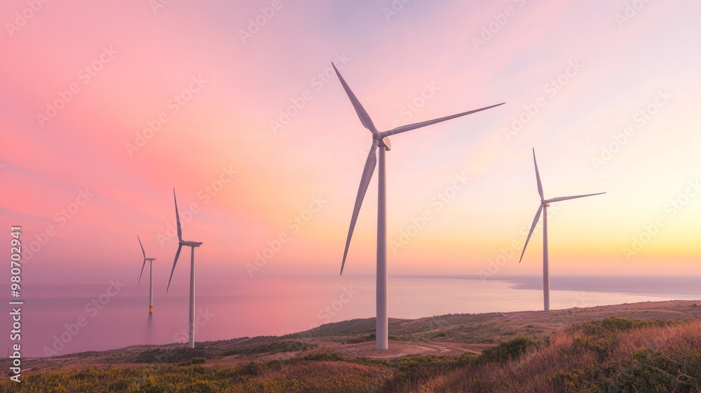 Wind turbines on coastal landscape during sunrise, pink sky, sea in background, renewable energy concept Wind turbines on coastal landscape during sunrise, pink sky, sea in background, renewable energy concept
