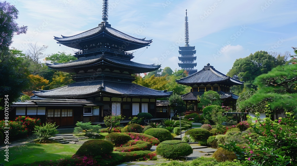 Tranquil Japanese Garden with Pagoda and Lush Greenery Tranquil Japanese Garden with Pagoda and Lush Greenery